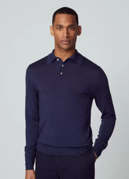 Polo À Manches Longues En Maille Navy Homme Hackett London Innovation Pulls