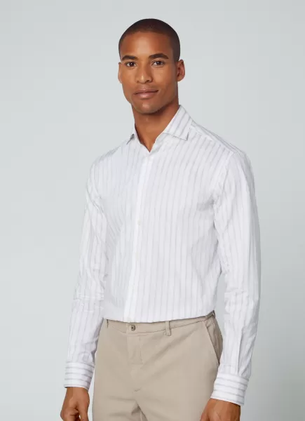 Chemises Hackett London Abordable Homme White/Taupe Chemise À Rayures Coupe Slim